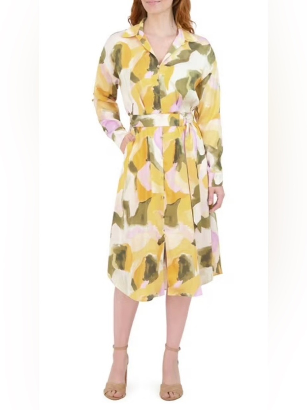 French Connection sz L Abstract Print Yellow Shirt Dress with Belt NWT